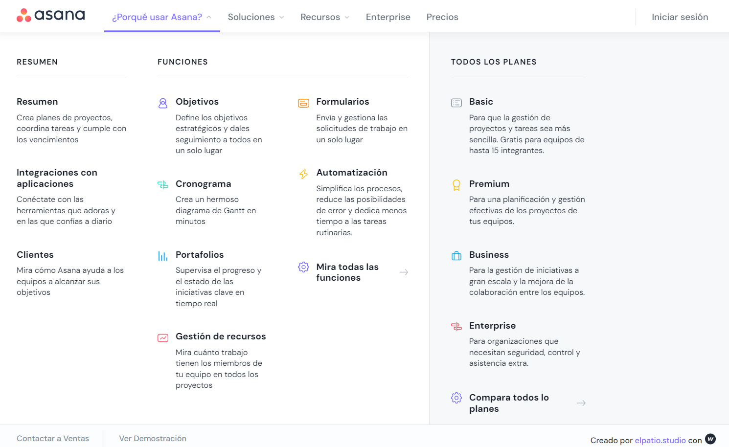 Cloneable Asana mega menu in Spanish.