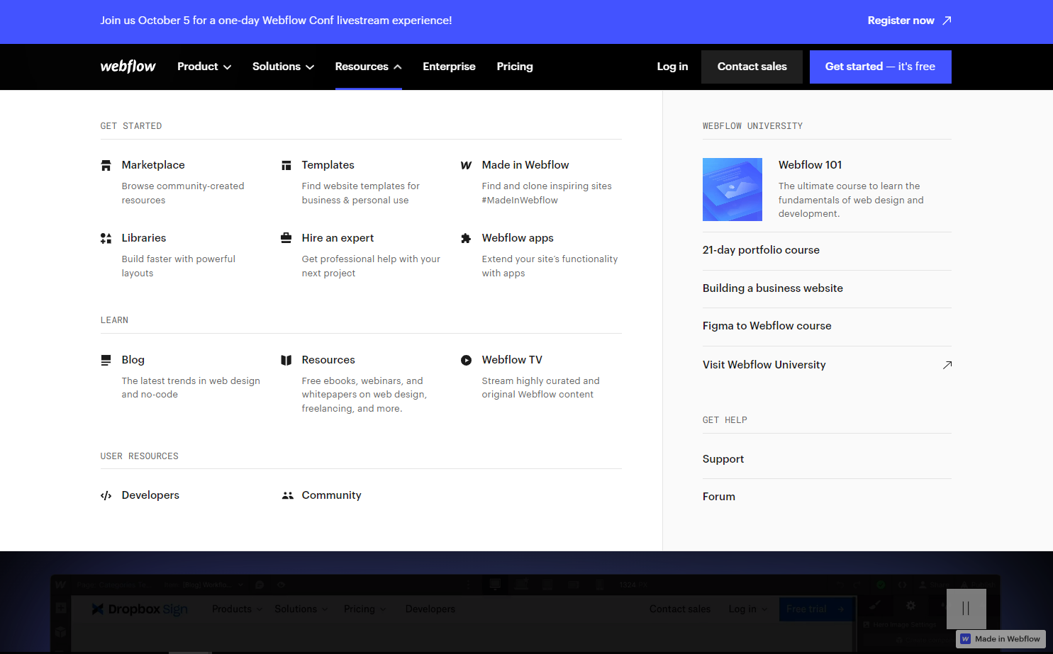Webflow resources mega menu.