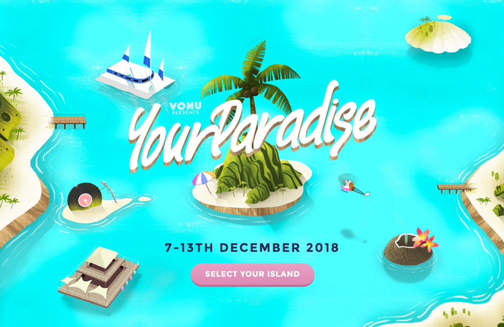 A landing page with an aqua blue background, a pink button, and white text.