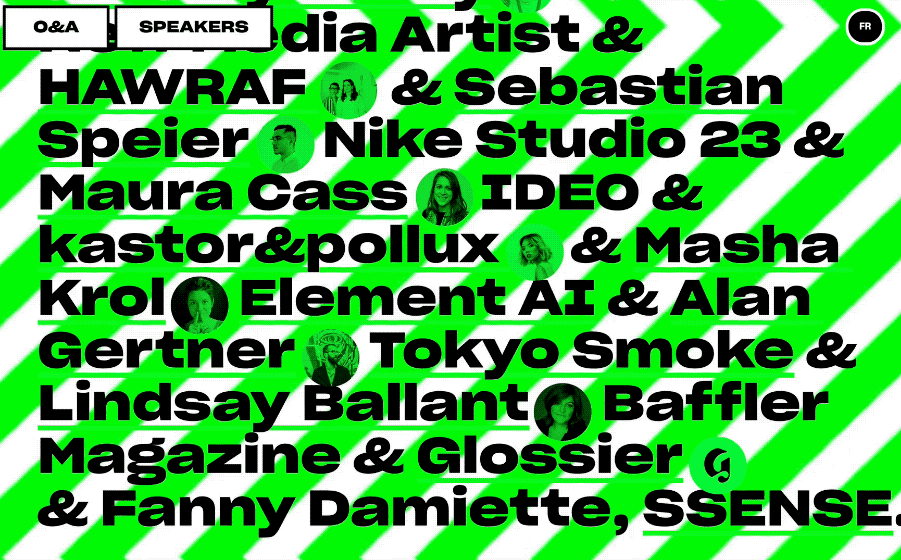 A landing page with neon green diagonal stripes that change and move with black text overaly.