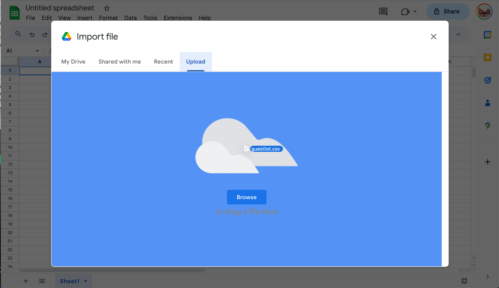 An image of the "import file" function inGoogle Drive