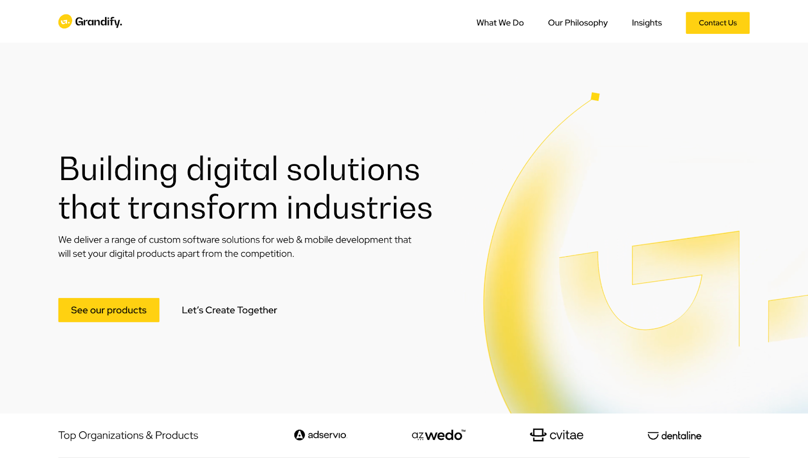 Grandify’s homepage with a standout slogan that says, “Building digital solutions that transform industries.”