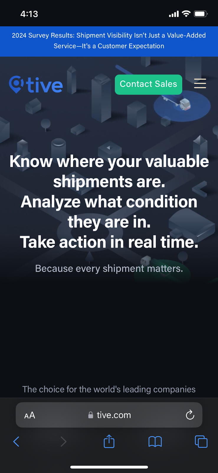 A screenshot of Tive’s homepage on a smartphone screen.