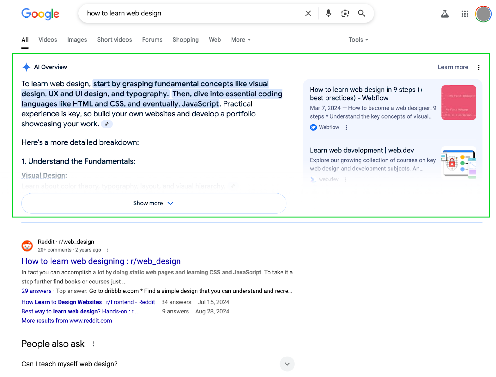 An example of an AI Overview snippet on Google for the search query "how to learn web design"