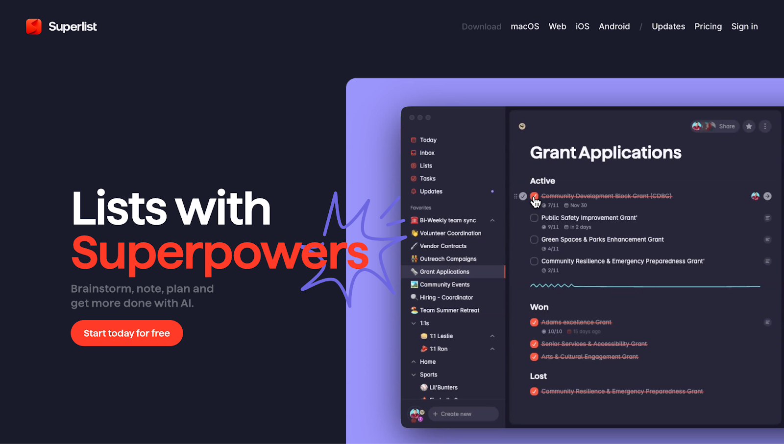 A screenshot of Superlist’s website showing the text “Lists with Superpowers” against a dark background with a demo of the tool.