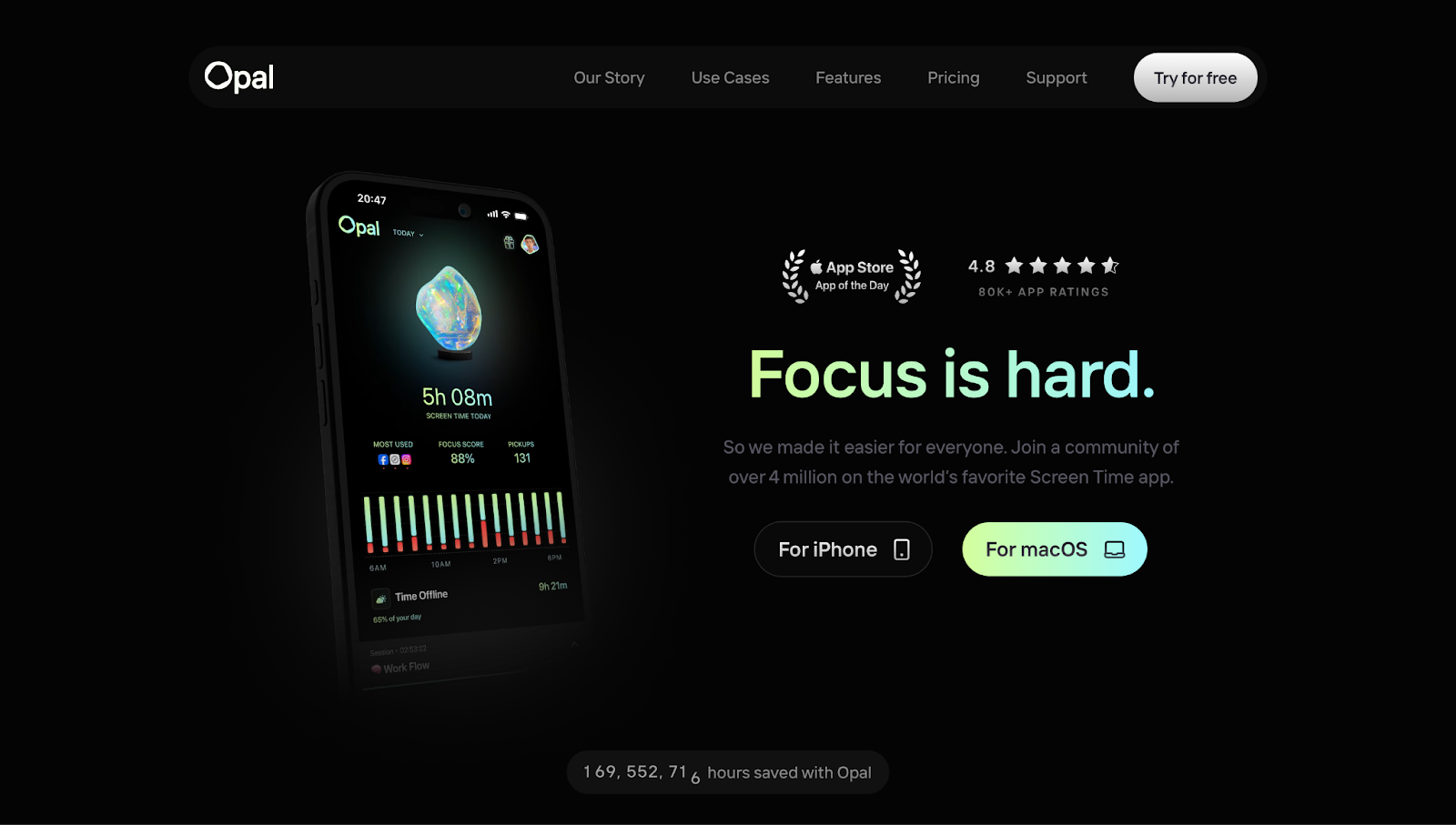 A screenshot of Opal’s website showing the text “Focus is hard” in a light-colored gradient on a dark background.