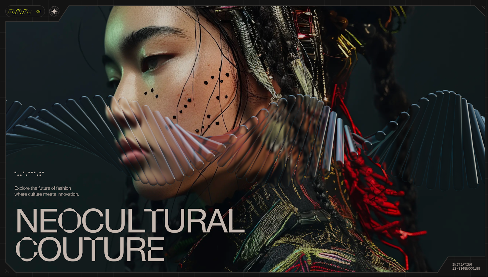 A screenshot of NeoCultural Couture’s website showing an image of a woman with abstract designs and the text “NeoCultural Couture” in a futuristic font.