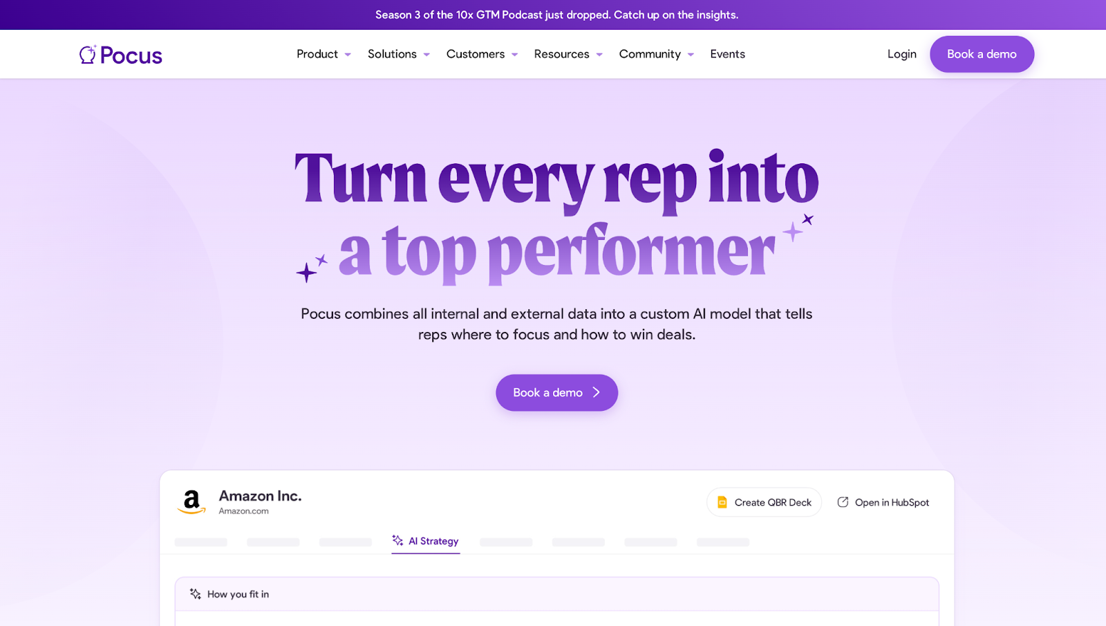 A screenshot of Pocus’s website showing the text “Turn every rep into a top performer” in purple against a light purple background.
