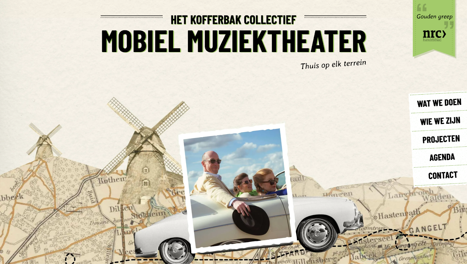 A screenshot of Het Kofferbak Collectief’s website showing a scrapbook-like layout with a map and an image overlay.