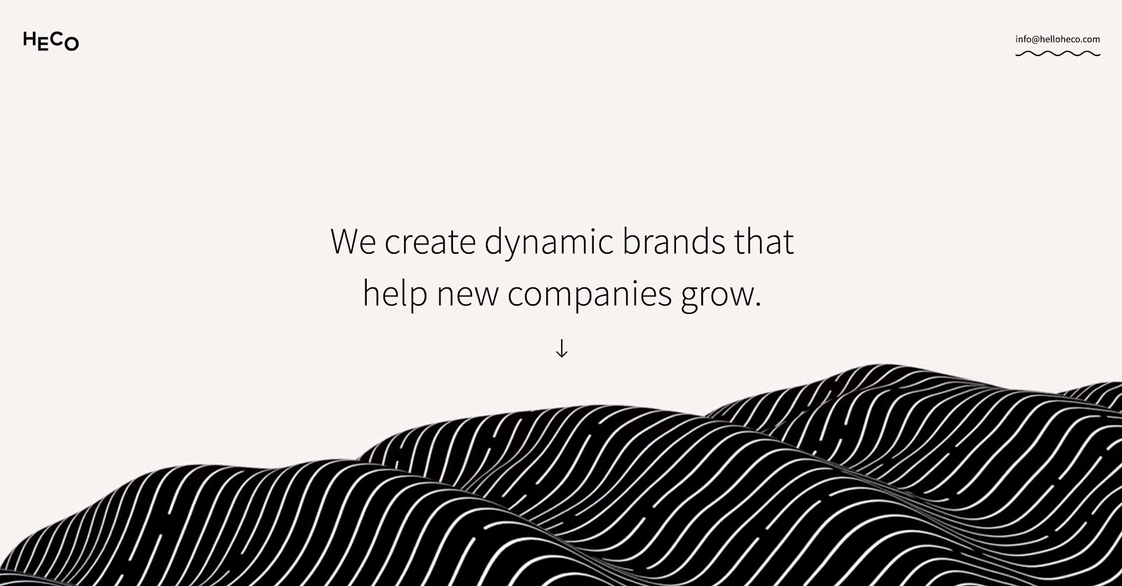 The Heco Partners homepage starts with a headline that reads, "We create dynamic brands that help new companies grow," followed by a black-and-white wave.