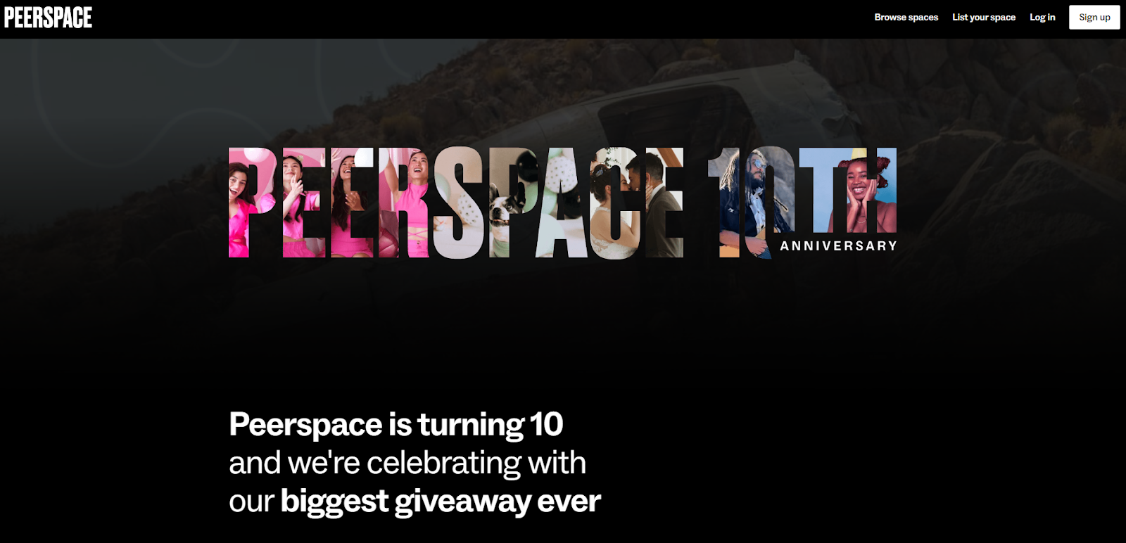 The Peerspace homepage highlights a headline that reads, “Peerspace 10th Anniversary,” where the letters are filled in with images of happy people enjoying their lives.