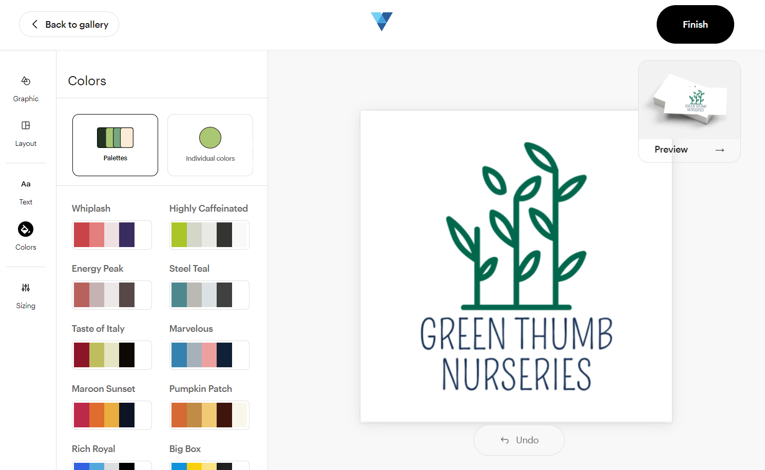 VistaPrint logo maker screen grab showing a brand emblem in progress for Green Thumb Nurseries.
