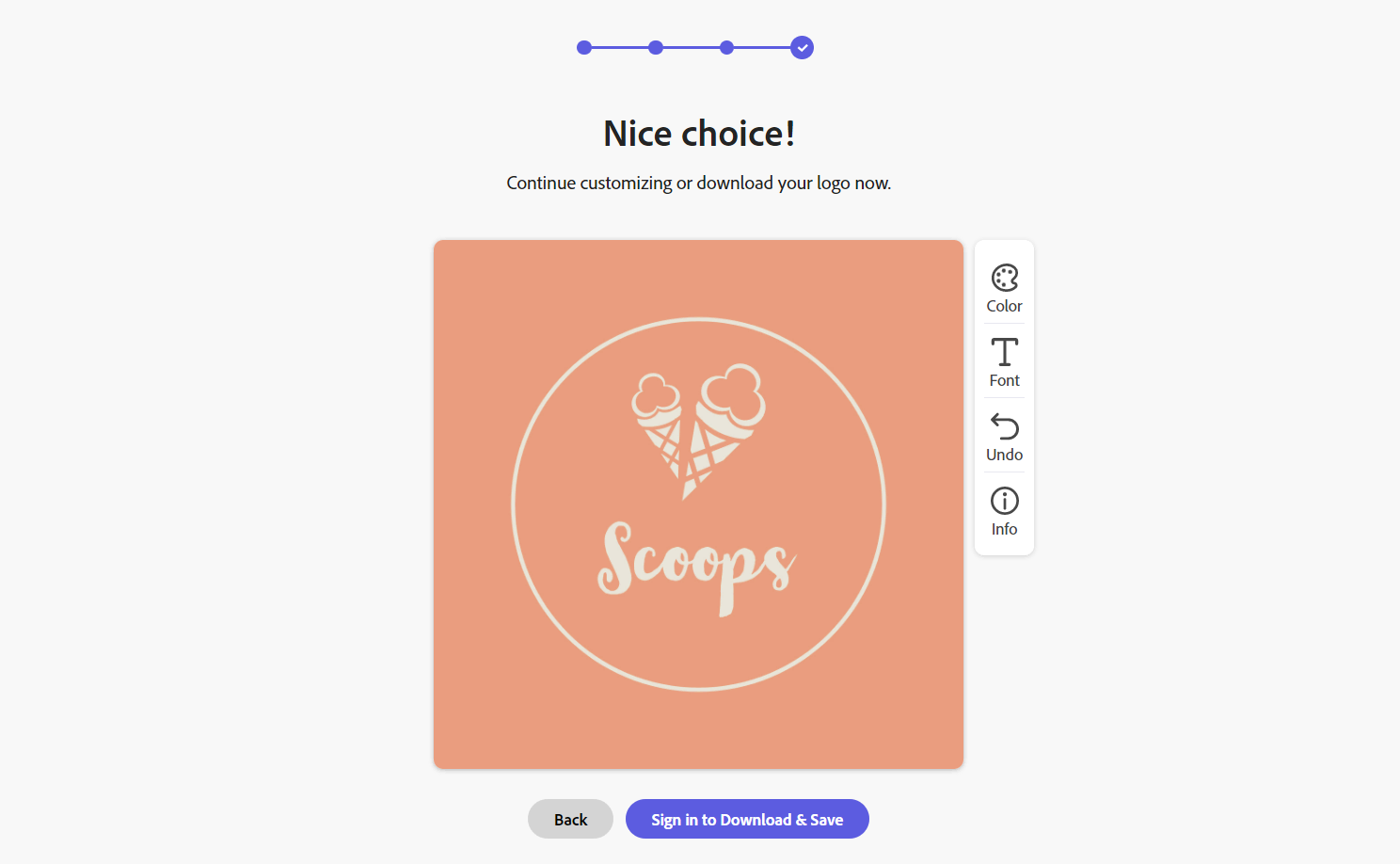 Adobe Express Logo Maker screen grab showing a final logo for Scoops ice cream.