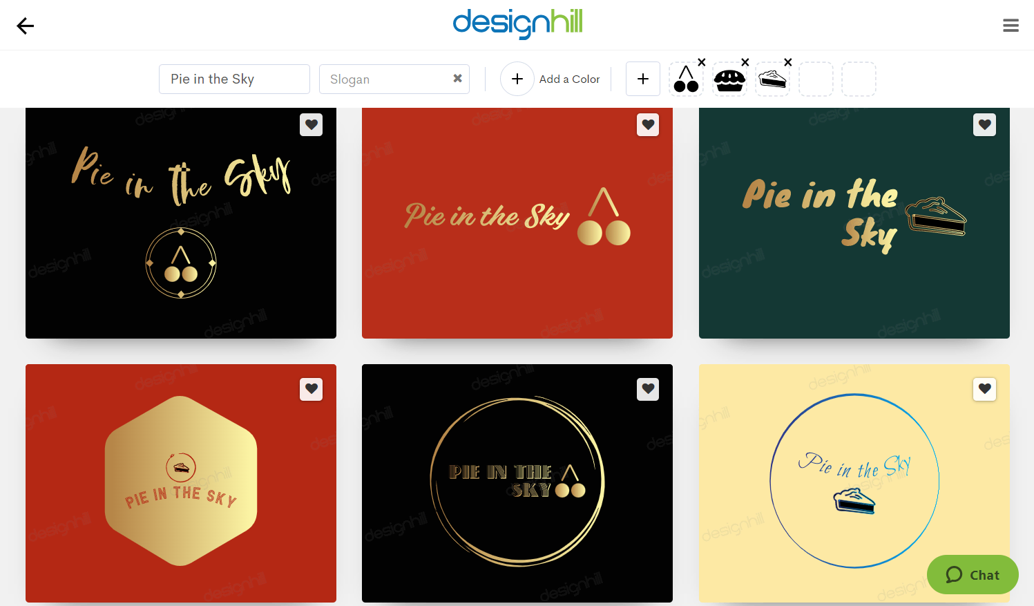 Designhill screen grab showing several logo options for Pie in the Sky Bakery.