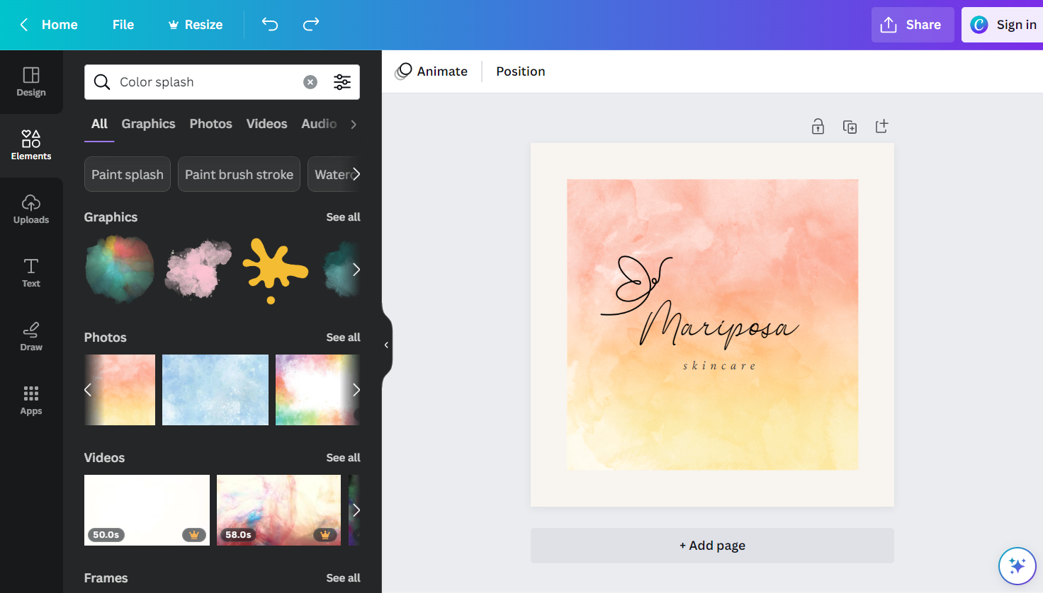 Canva screen grab showing a logo in progress for Mariposa skincare.