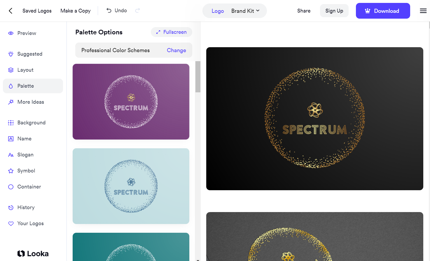Looka screen grab showing a logo in progress for tech company Spectrum.