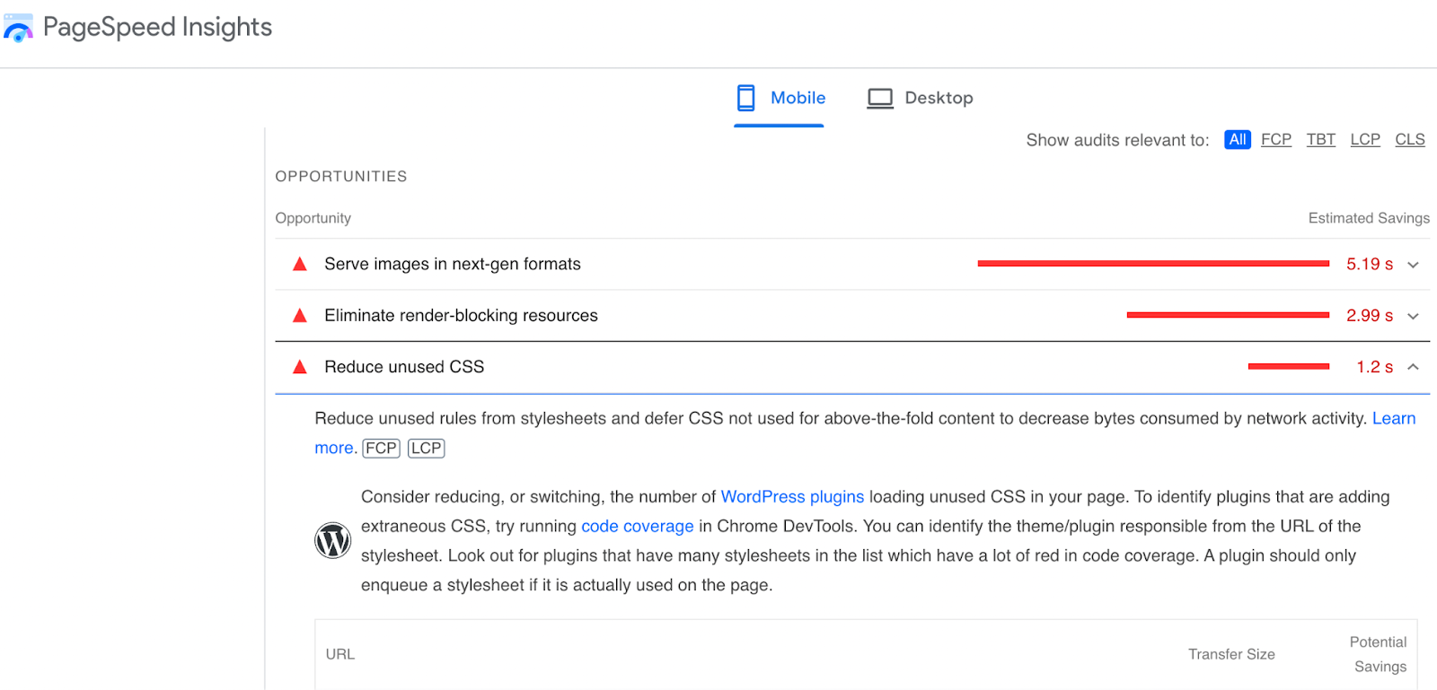Sample of Google's PageSpeed Insights tool, highlighting opportunities for improving site speed.