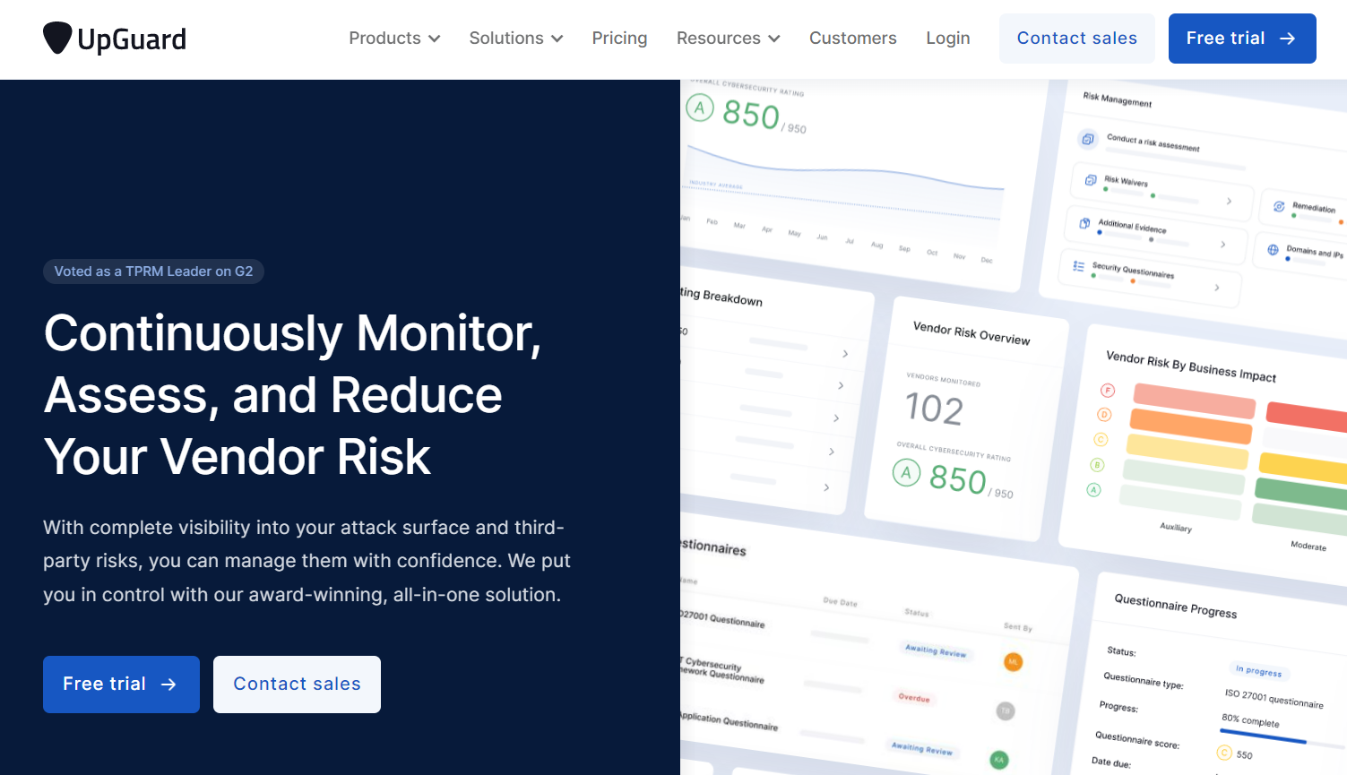 UpGuard homepage showing the following headline: “Continuously Monitor, Assess, and Reduce Your Vendor Risk” and the following subheadline: “With complete visibility into your attack surface and third-party risks, you can manage them with confidence. We put you in control with our award-winning, all-in-one solution.”