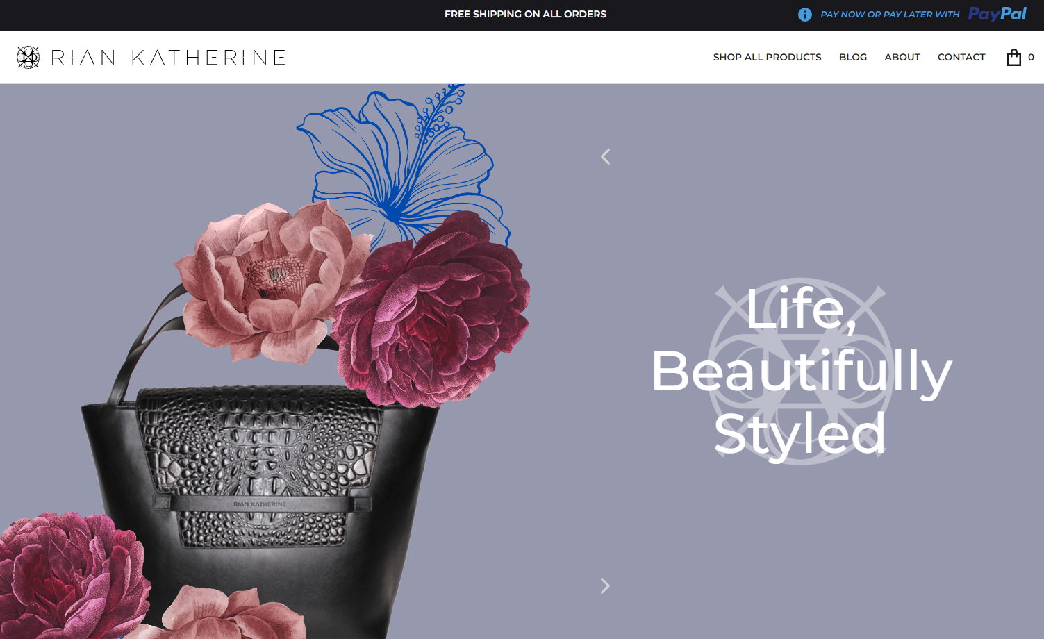 Rian Katherine’s homepage, showing a black handbag with flowers illustrated over the top of it and the headline “Life, Beautifully Styled.”