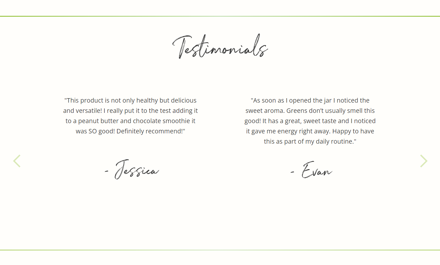 Nature Plus You testimonials section showing quotes from Jessica and Evan.