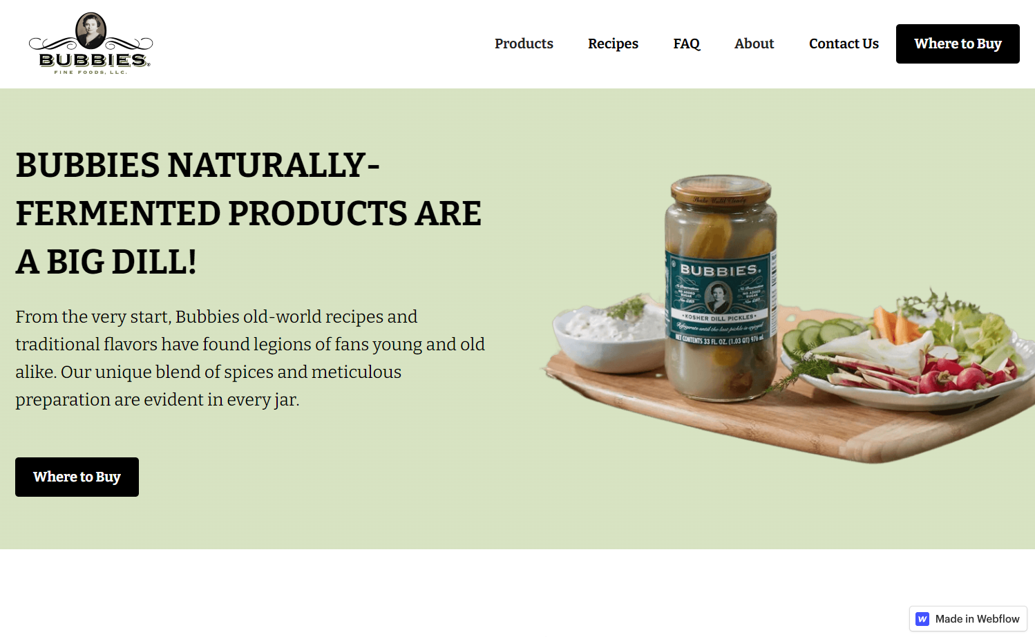 Bubbies pickles homepage with the all-caps header “Bubbies naturally fermented products are a big dill!”