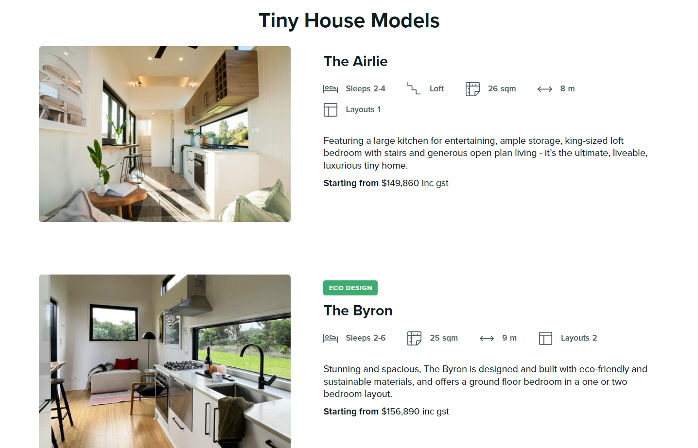 Section of Luxe Tiny Homes homepage showing images of two tiny homes plus selected information about each, like available layouts, sleeping capacity, home size, and cost.