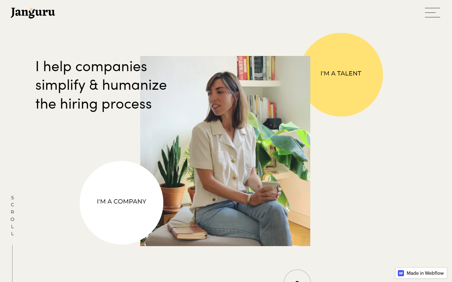 Janguru landing page showing a photo of a person sitting cross-legged. On one side of the image is a white circle with the text “I’m a company” and on the other is a yellow circle with the text “I’m a talent.”