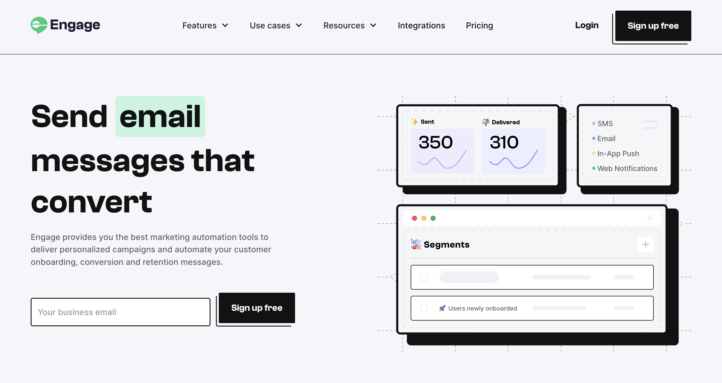 The Engage homepage, with header text that reads "Send email messages that convert" to the left of a mockup of the automation platform.