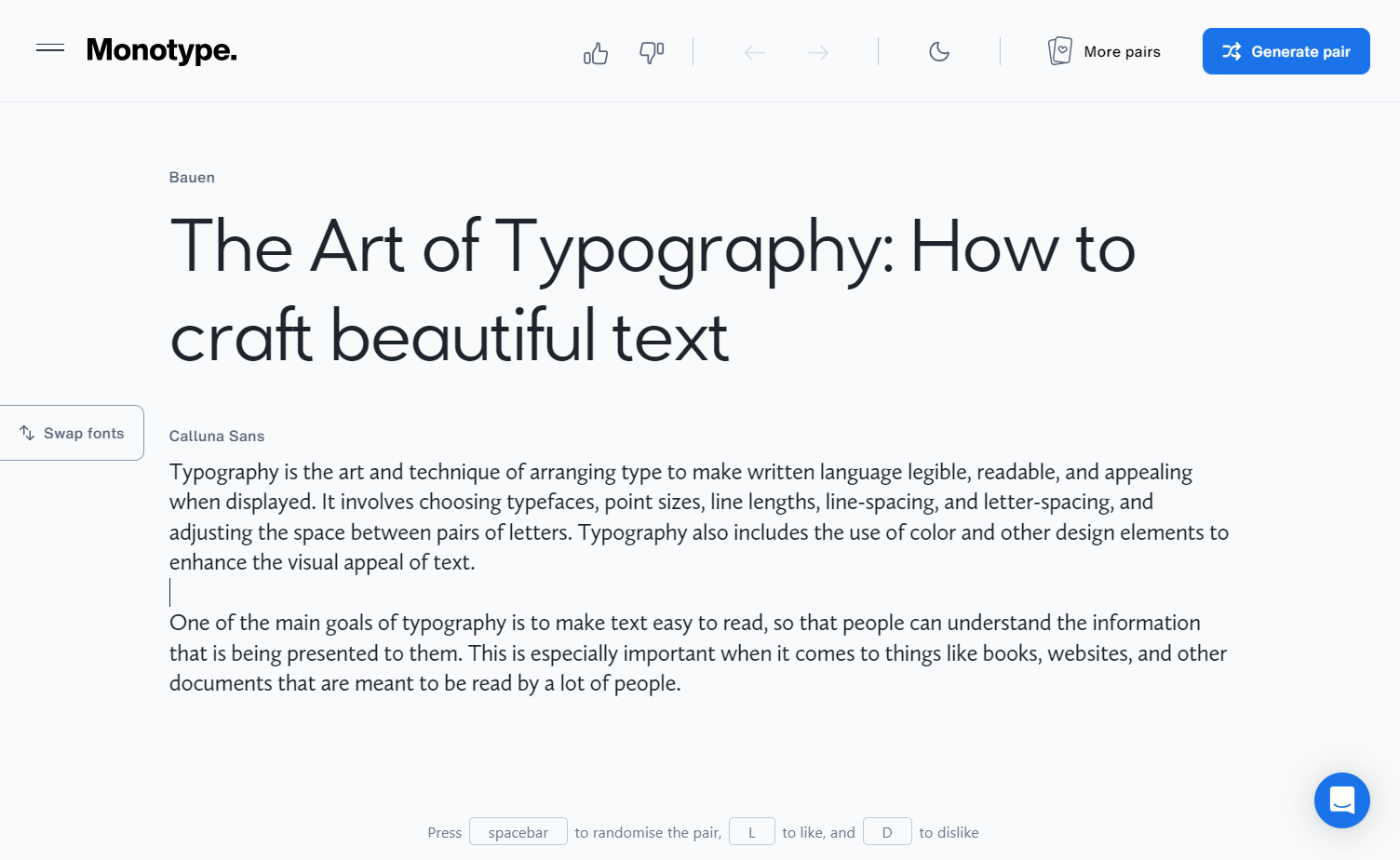 Monotype screen grab with text in Bauen and Calluna Sans fonts.