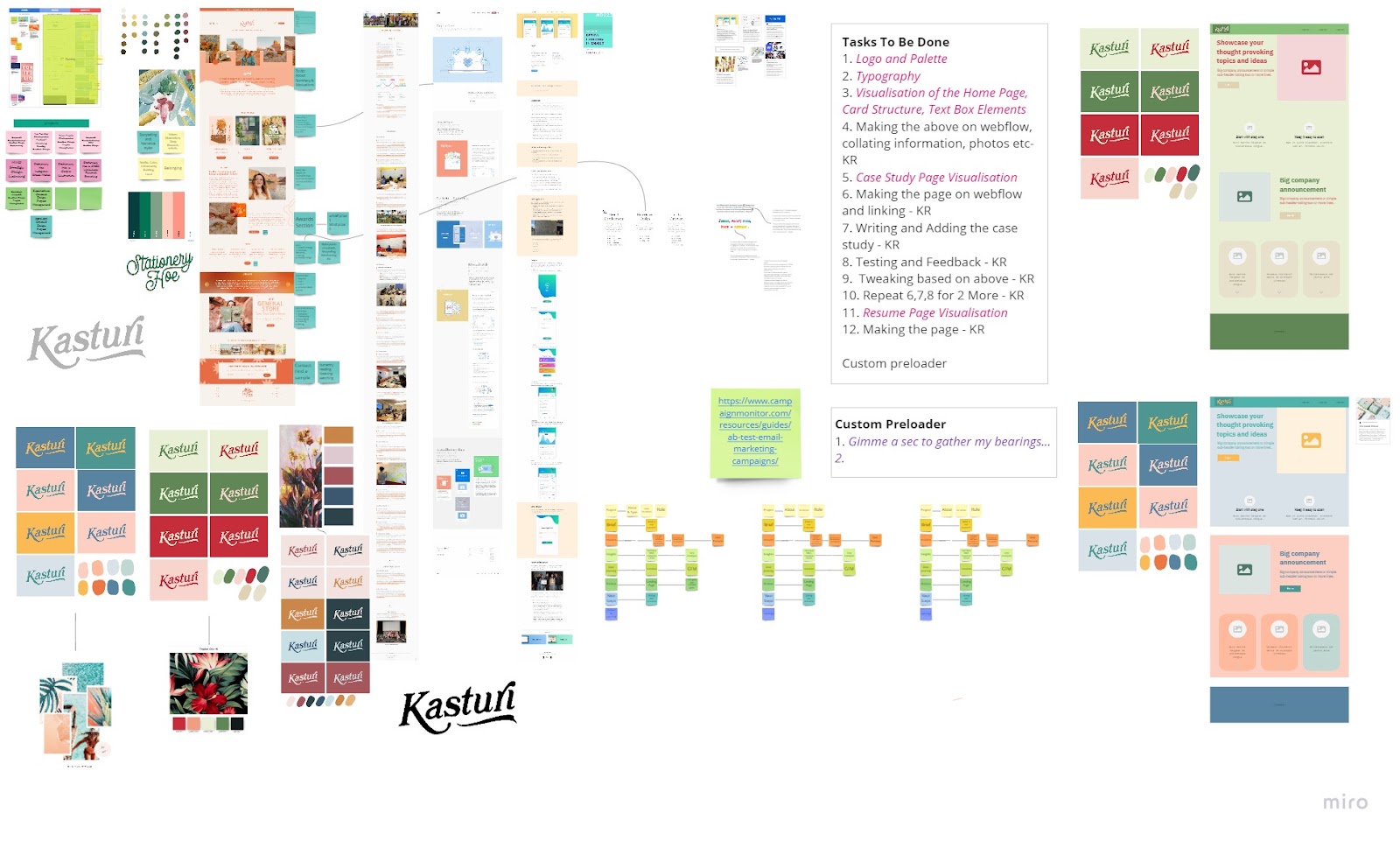 Various screenshots of Kasturi's Miro board showing different variation of webpage layouts, color schemes, and sticky notes with instructions