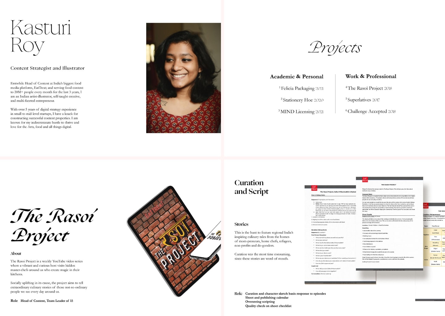 Four screensots of Kasturi's old PDF portfolio, basic text layout