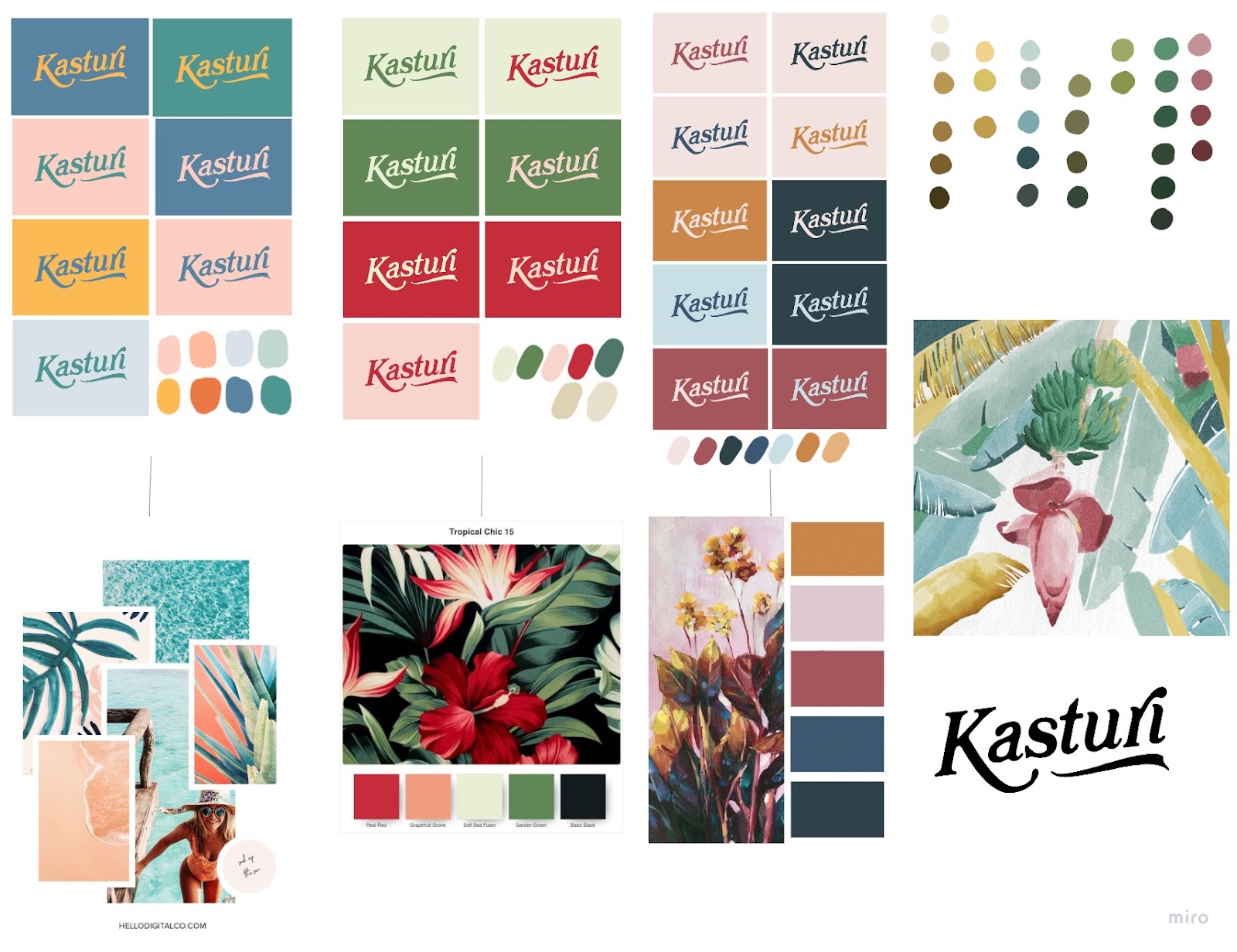 Screenshot of Kasturi's early mood board with her Name & logo in various color schemes along with photos of tropical plants as inspiration