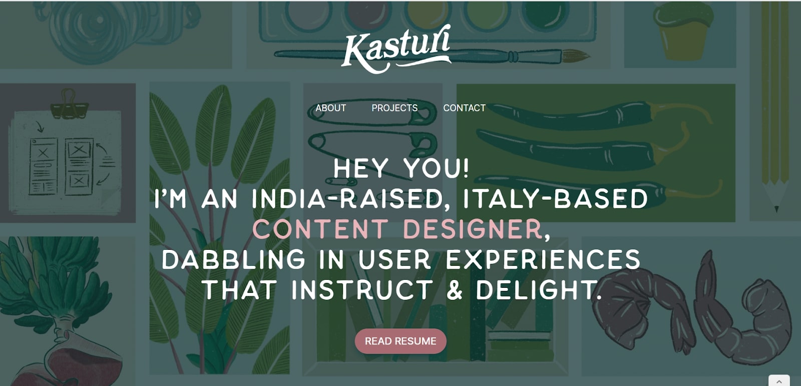 Screenshot of Kasuri Roy's portfolio homepage, featuring colorful illustrations and text "Hey you! I'm an India-raised, Italy-based Content Designer, dabbling in user experiences that instruct & delight."