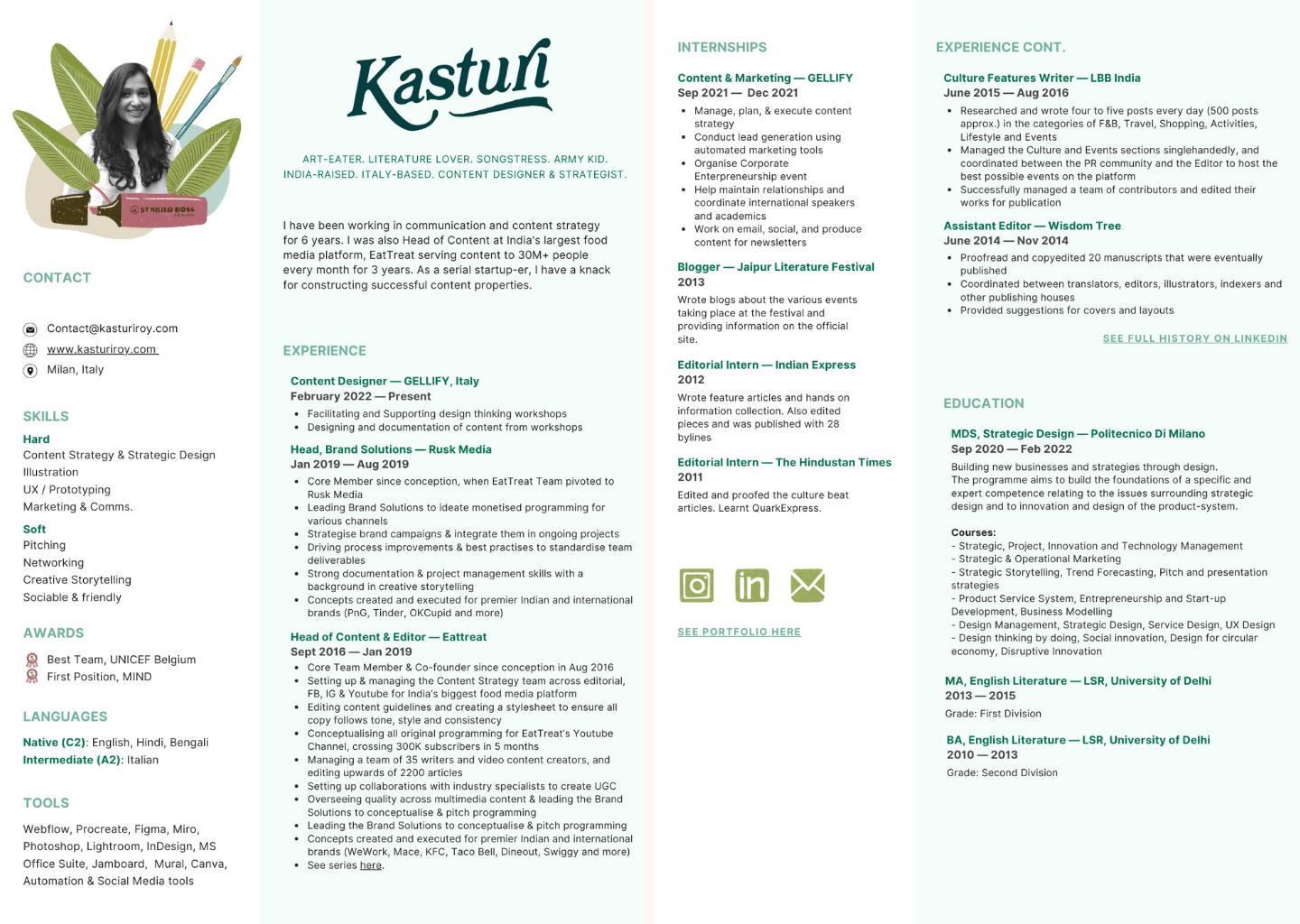 Katsuri's new two page portfolio which includes her photo and some illustrations and matches the color and typography used on her website