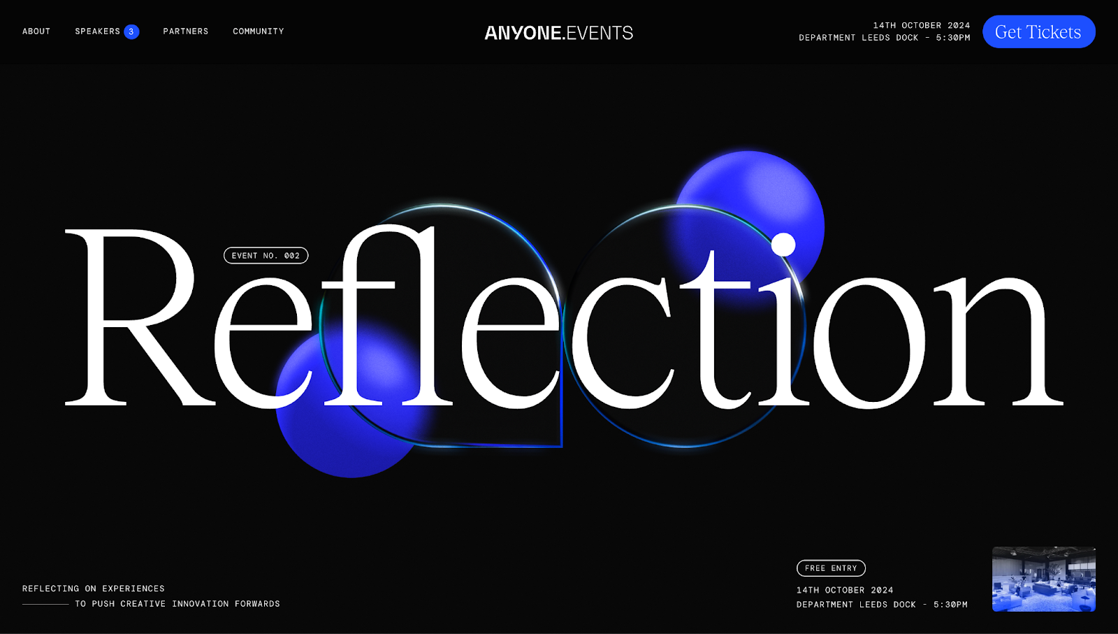 A screenshot of the Anyone Events website showing abstract, glass-like 3D elements behind text.