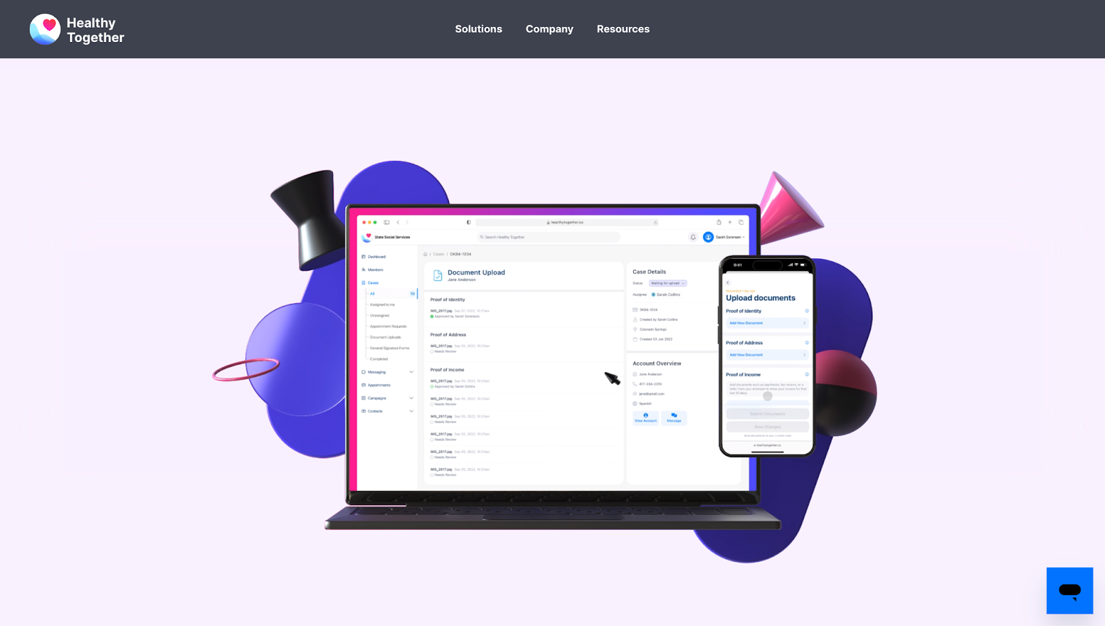 A screenshot of Healthy Together’s website showing the platform’s interface on a laptop mockup with 3D shapes and elements in the background.