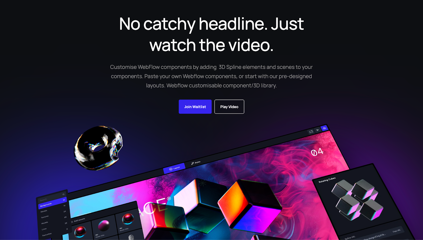 A screenshot of Surfaceflow’s website with a heading, description, CTA buttons, and 3D mockups showing the tool in action.