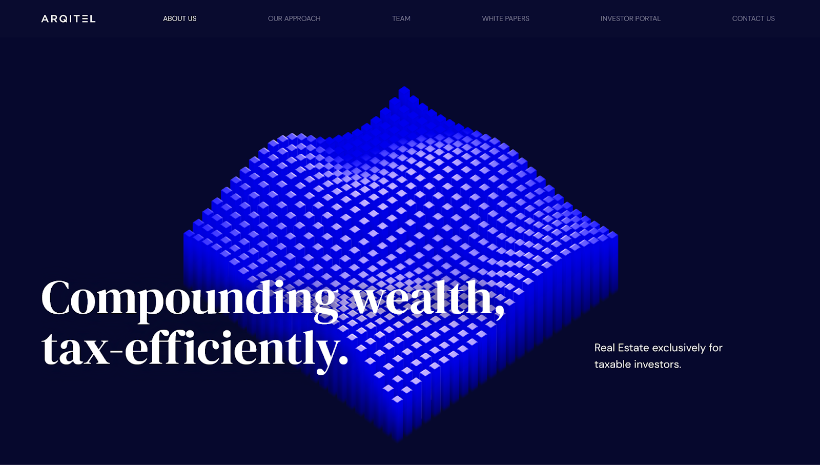 A screenshot of Arqitel’s website showing text with a 3D, sea anemone-like grid in the background.