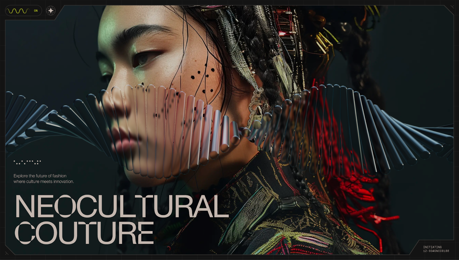 A screenshot of NeoCultural Couture’s website showing a woman dressed in an Asian-inspired outfit with a 3D helix.