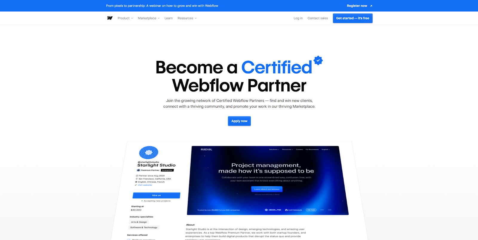 The Webflow Partners homepage, with an “apply now” CTA and an image of a sample project.