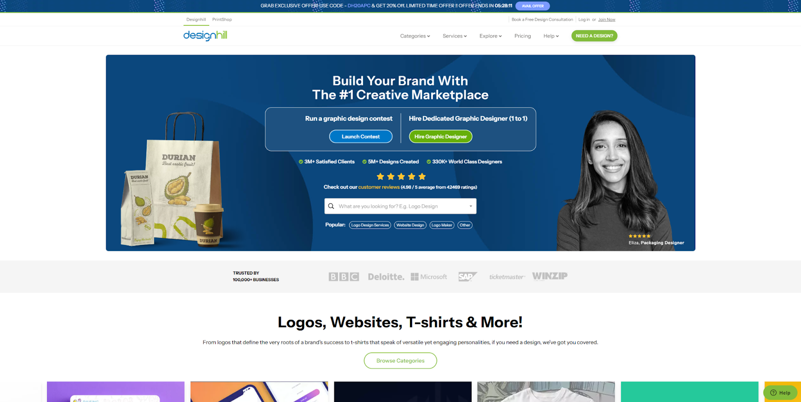 The Designhill homepage, with a search feature and CTAs for graphic designers and companies.