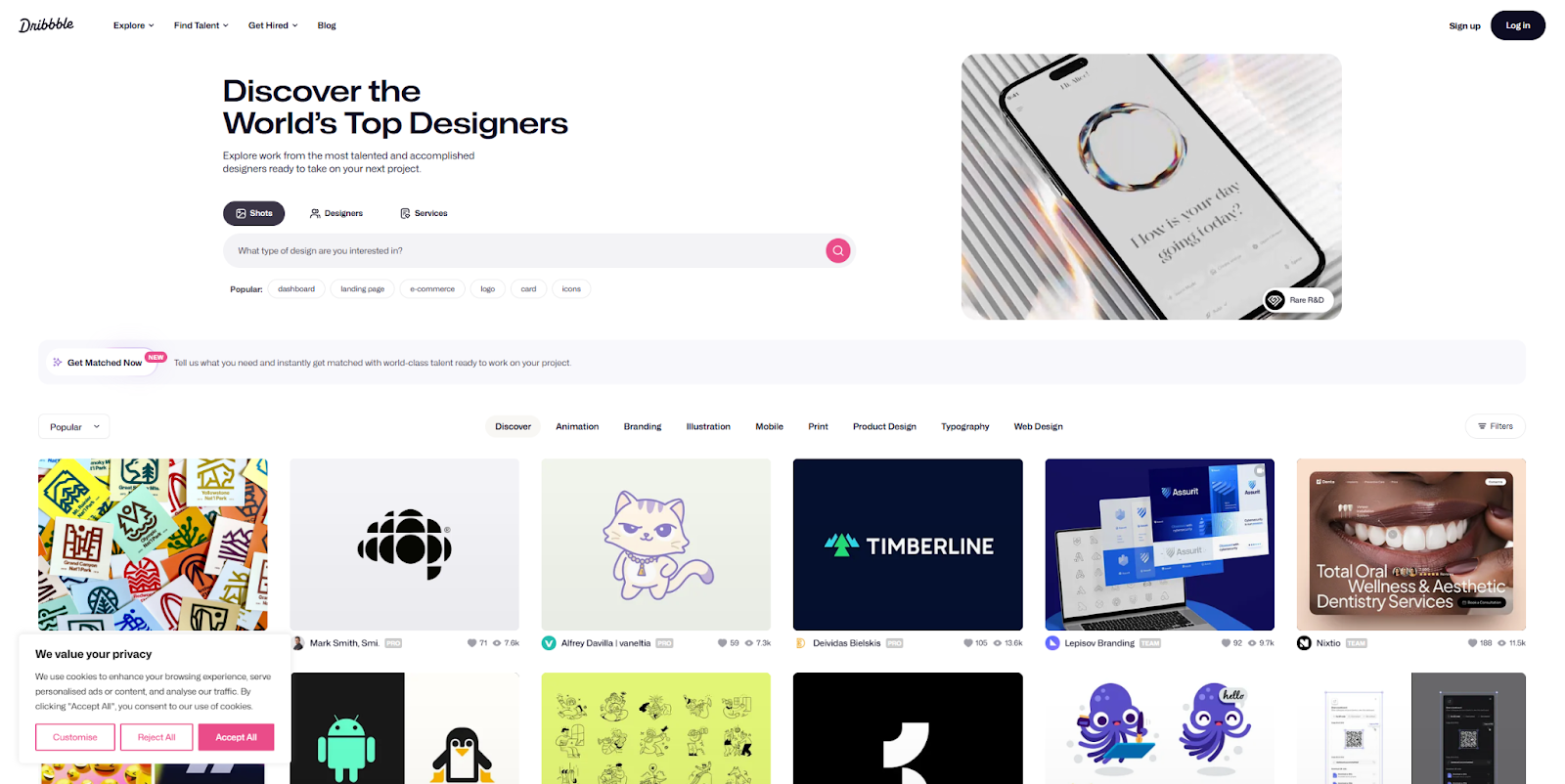 The Dribbble homepage, with a search feature and images representing popular job categories.