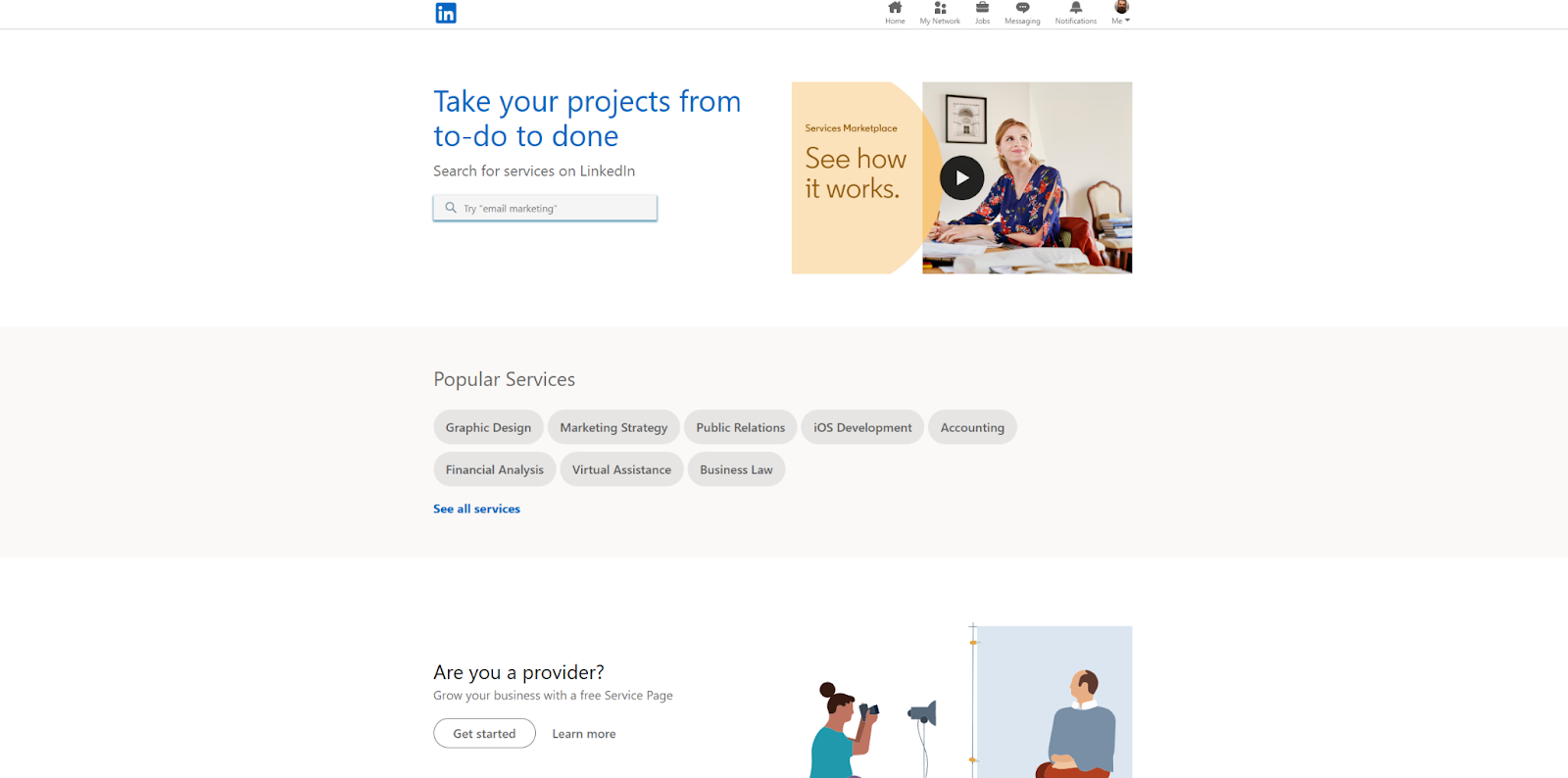 The LinkedIn Services Marketplace homepage, with a search feature and list of popular services.