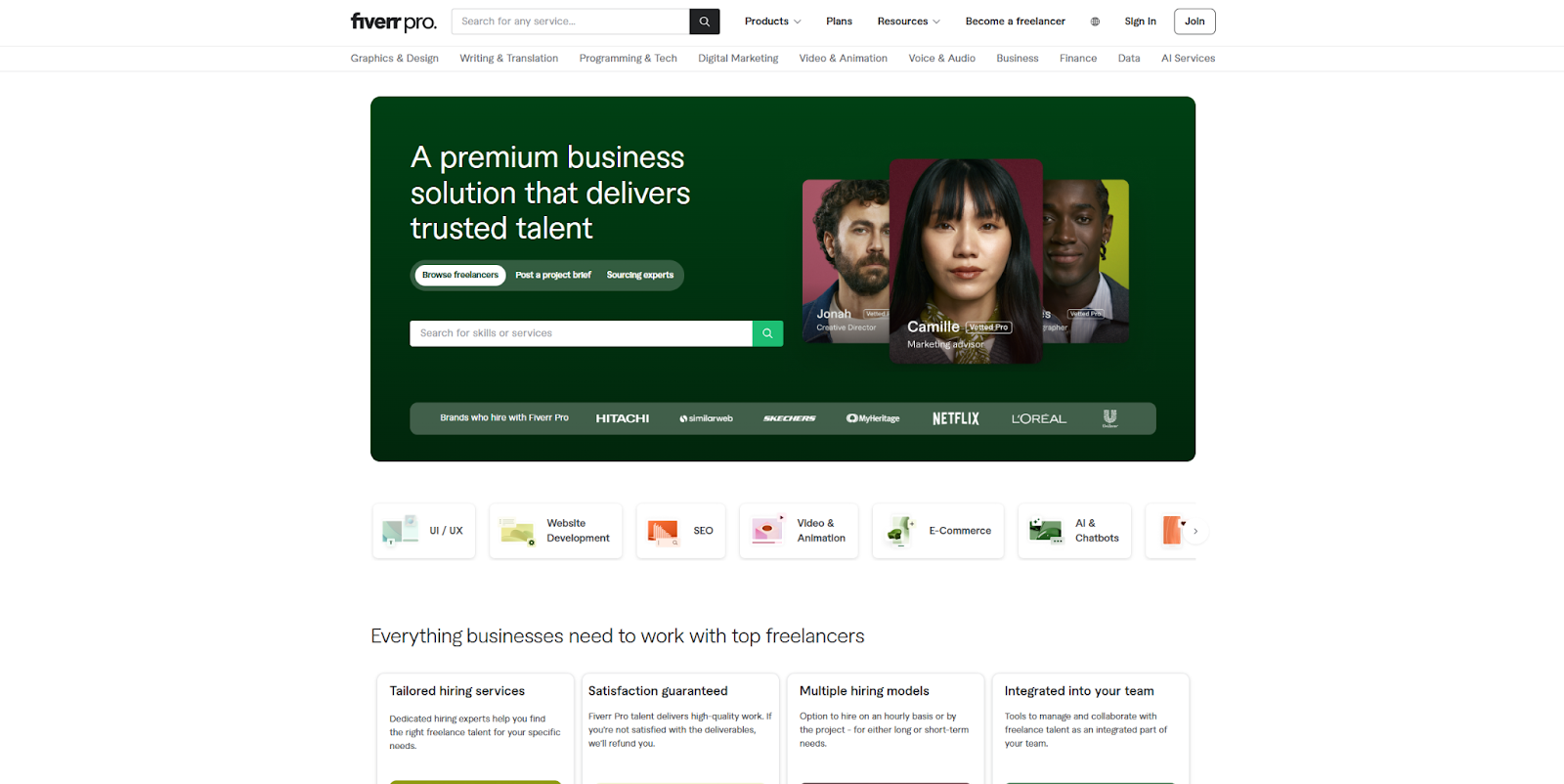 The Fiverr Pro homepage, with options to browse listings and add projects.