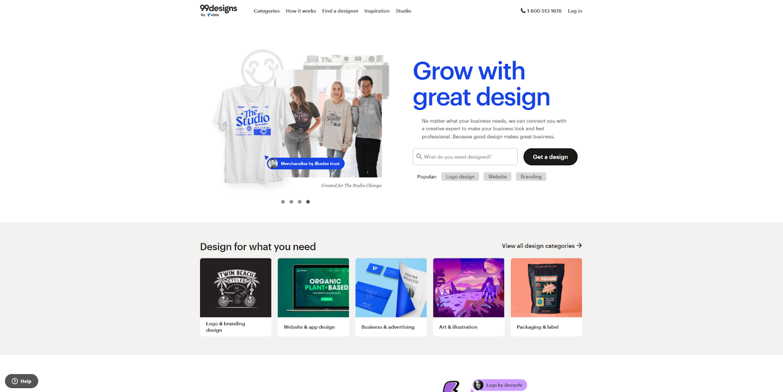 The 99designs homepage, featuring a search bar and popular design categories.
