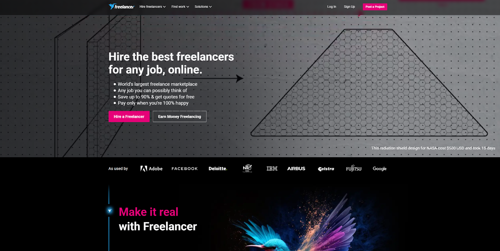 The Freelancer website, listing the job board’s benefits and partners and offering CTAs for freelancers and companies.