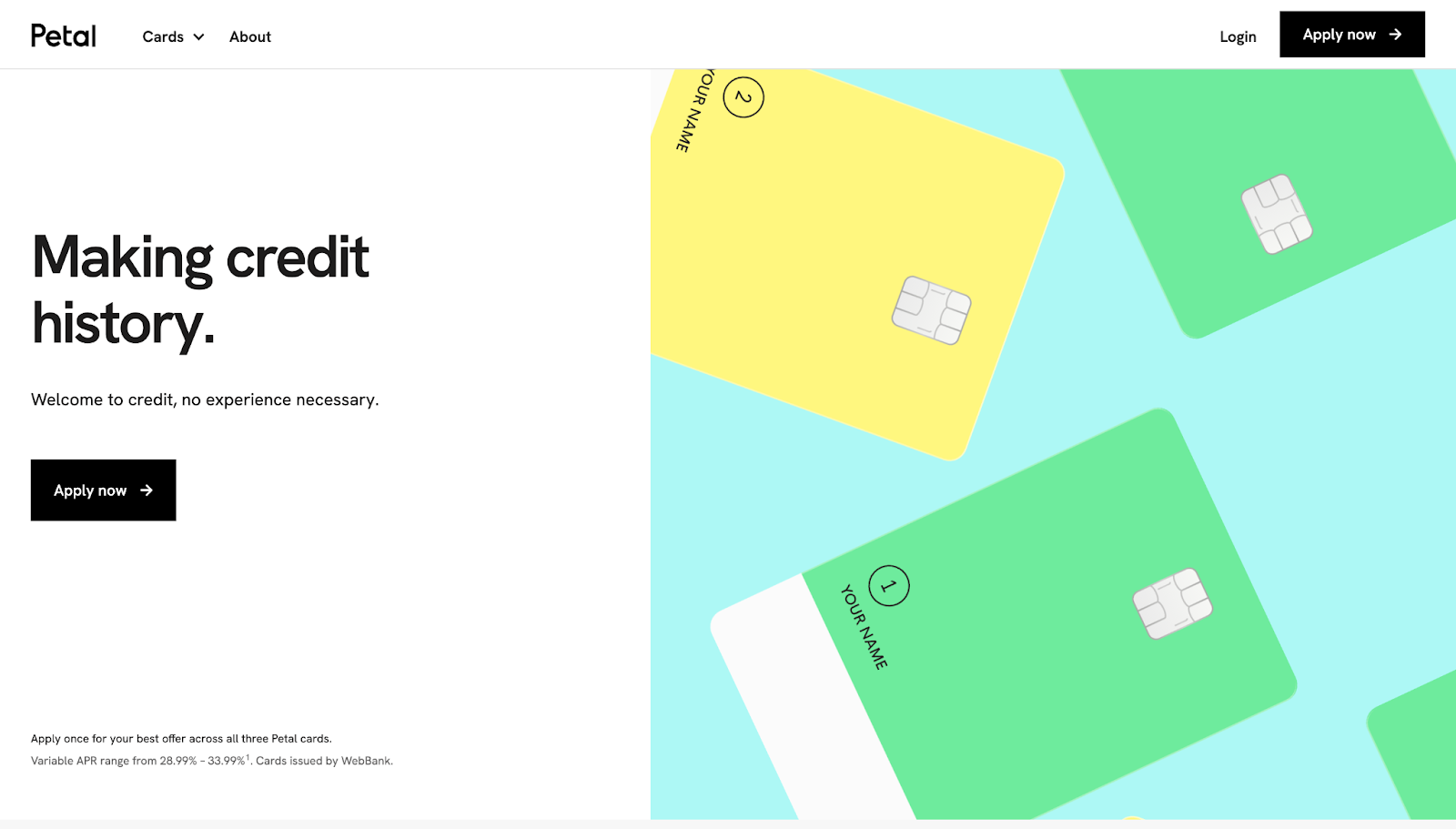 A screenshot of Petal's website with the header “Making credit history” and an animated graphic of credit cards.