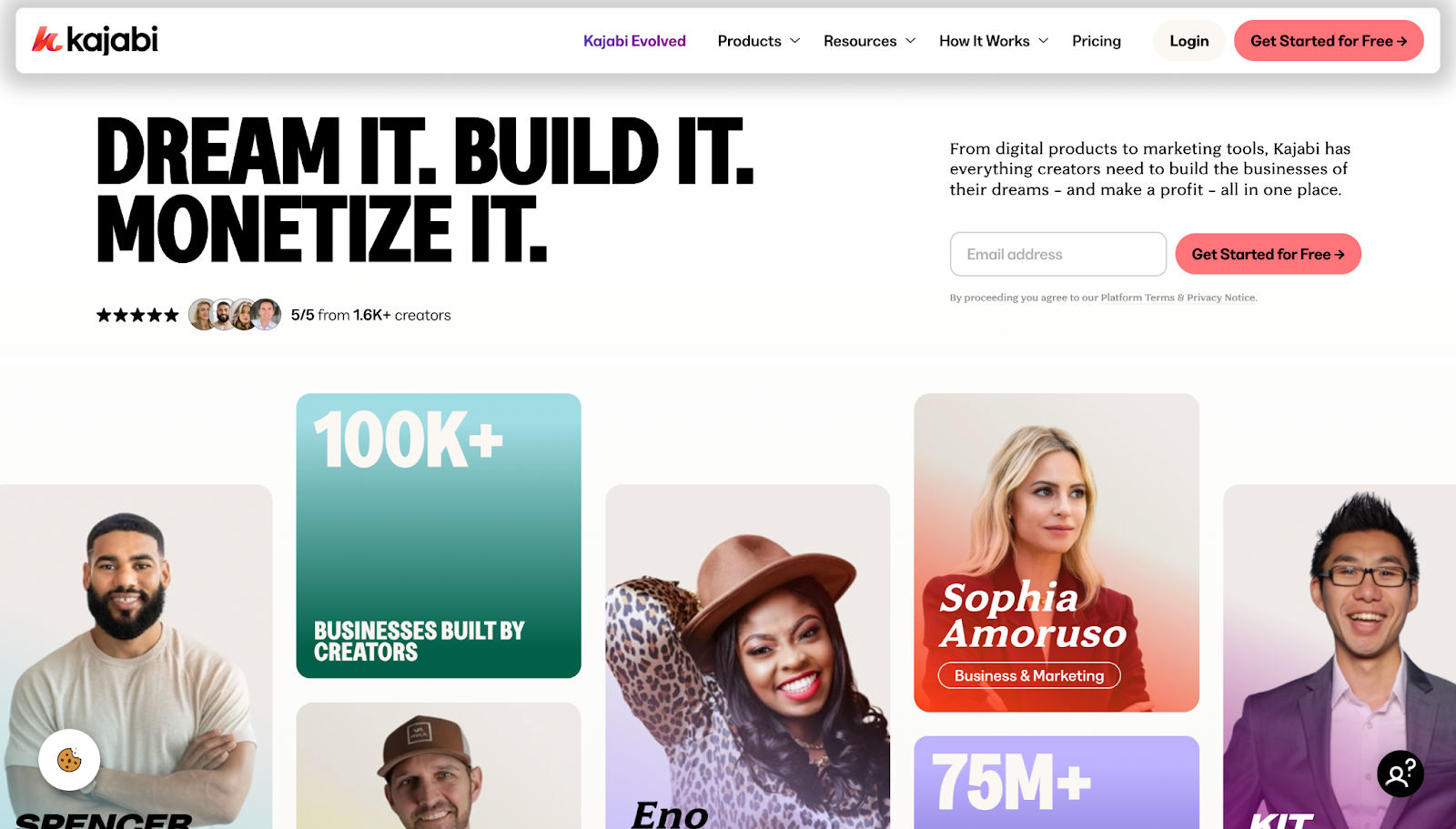 A screenshot of Kajabi's website with their total of five-star ratings, a signup field, and stats-based graphics featuring real users.