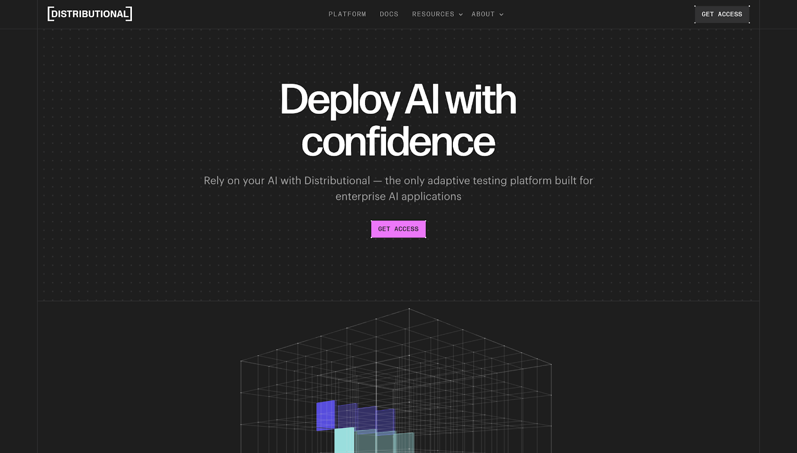 A screenshot of Distributional's website with the text “Deploy AI with confidence” in white against a dark gray grid background, and a grid-like animation below.