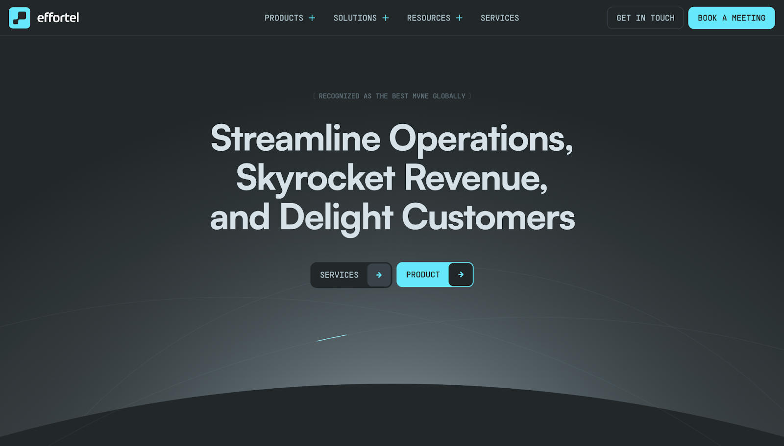 A screenshot of Effortel's website with light gray text against a futuristic background with blue accents.